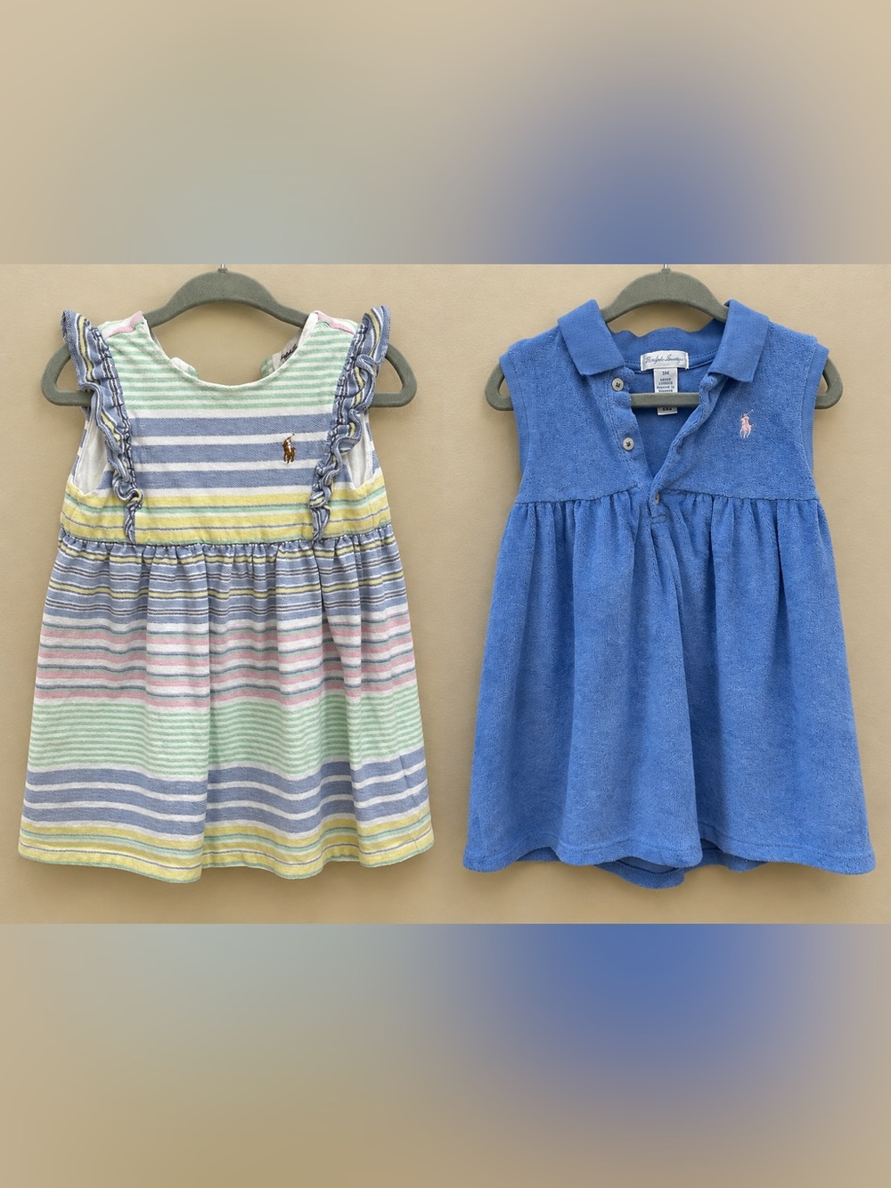 Ralph Lauren Baby Girls' Pastel Striped Dress + Blue Terry Polo Dress - Bundle